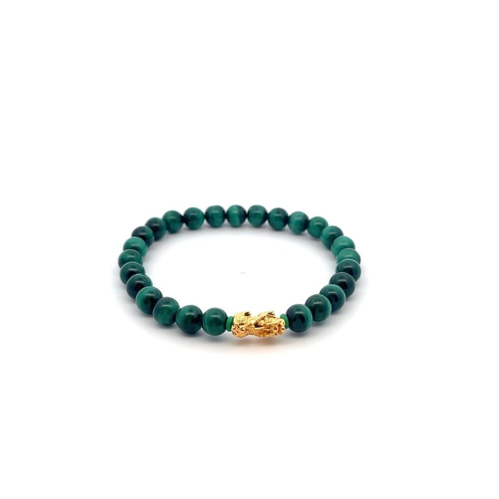 18K Gold Pixiu Piyao Lucky Charm Bracelet Natural Malachite Gemstones 6mm